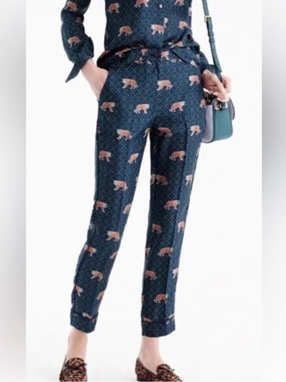 J. Crew Women’s  Navy Cropped Pants with Orange Tiger Print